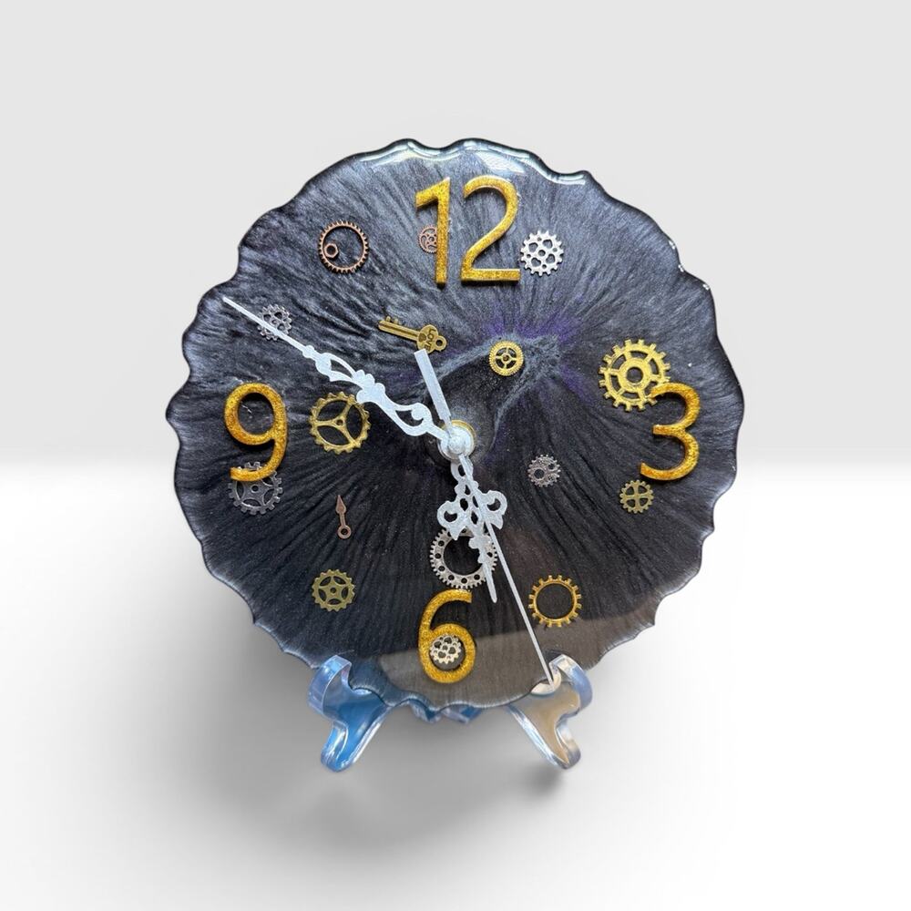 Steampunk Clock Gear Wall Decor Black Gold Industrial Handcrafted Epoxy Resin